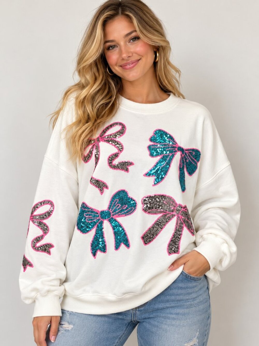 NWT Simply Southern Sequin Bow Sweatshirt Women L White Teal Pink